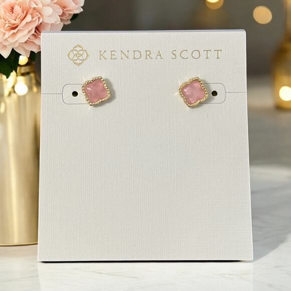 NWT! Kendra Scott Mallory Gold Stud Earrings in Rose Quartz - Picture 1 of 5